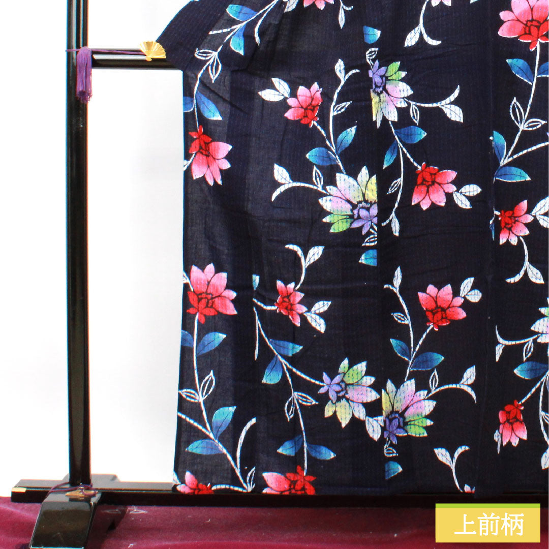 浴衣 木綿 身丈158cm 裄丈61.5cm Sランク 単衣 紺系 濃紺色(のうこんいろ) 抽象花 1118004862318