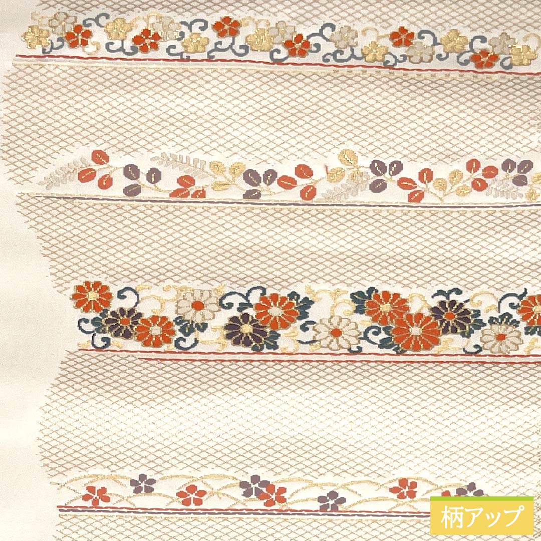 名古屋帯 正絹 Bランク 胡粉色(ごふんいろ) 唐花 横段 帯丈358cm ポイント柄 セミフォーマル 白系 1124009604311 名古屋仕立て