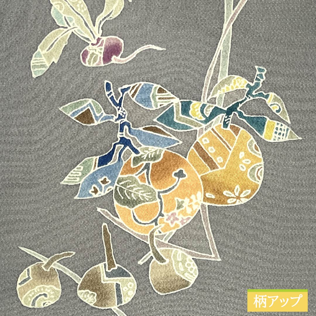 名古屋帯 灰色(はいいろ) ちりめん地 染め帯 野菜 帯丈374cm 正絹 Sランク ポイント柄 カジュアル グレー系 1124007572322 名古屋仕立て