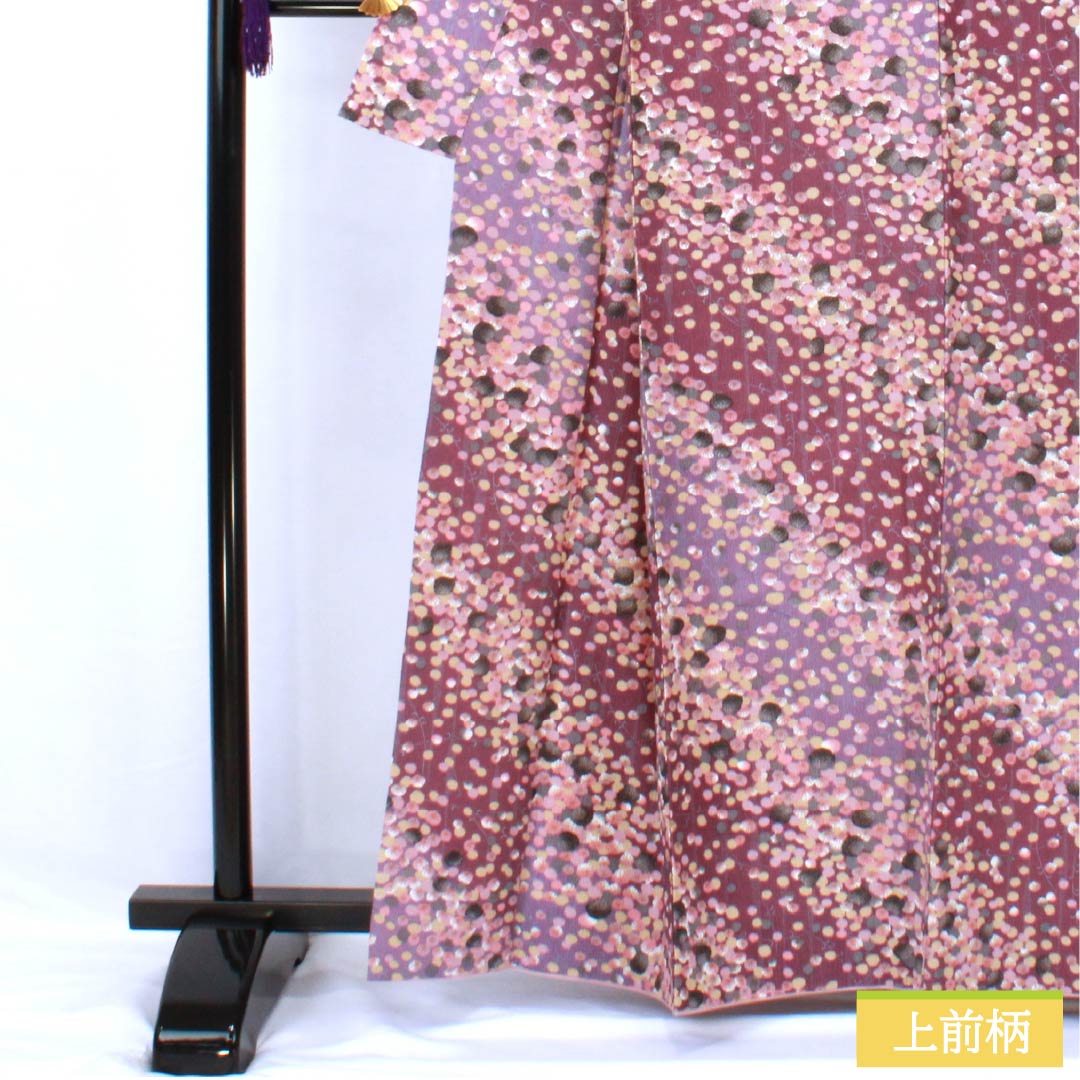 小紋 ポリエステル 身丈161.5cm 裄丈66cm 袷 蒲萄色(えびいろ) 古代紫色(こだいむらさきいろ) 型染 抽象柄 洗える着物 Aランク 紫系 1115005543420