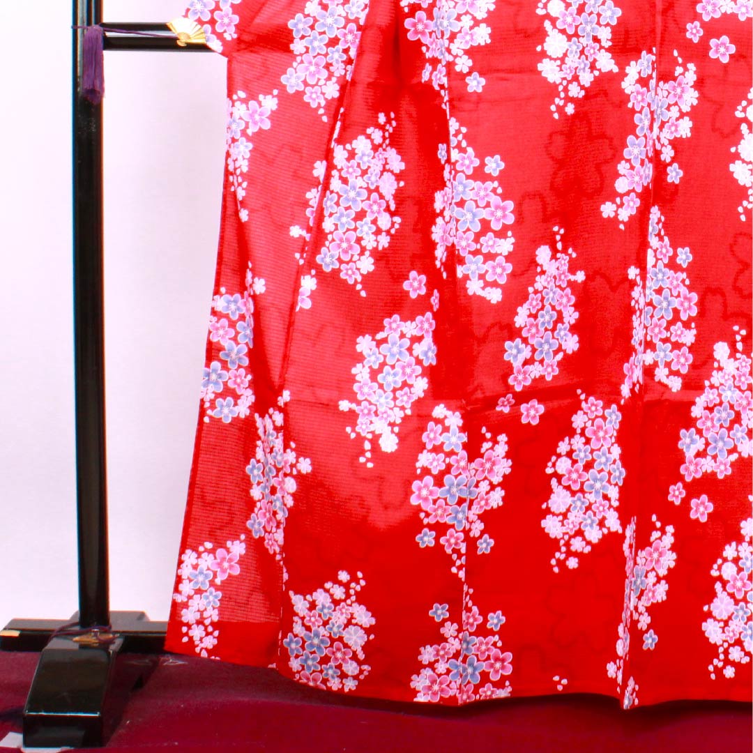浴衣 土耳古赤色 梅 桜 木綿 Sランク 単衣 身丈165cm 裄丈65.5cm 赤系 1118004232512