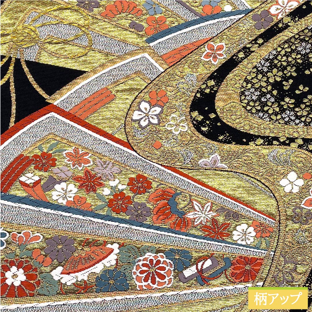 袋帯 黒色 鼓典錦 宝尽くし 扇 菊 帯丈456cm 正絹 Sランク 六通 フォーマル 黒系 1123010392410