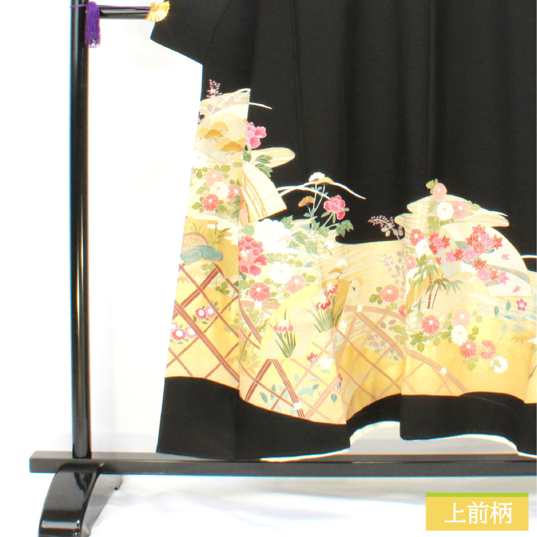黒留袖 正絹 身丈150cm 裄丈64cm 袷 京友禅 吉祥文様 五つ紋 轡十字(くつわじゅうじ) Sランク 黒系 1111001772110