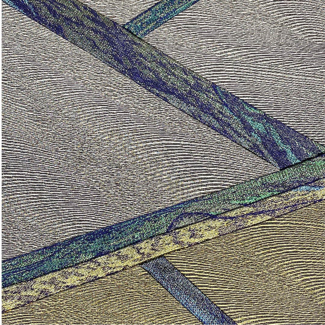 袋帯 切り嵌め 幾何学模様 帯丈446cm 正絹 Aランク 六通 セミフォーマル 銀系 1123005643322