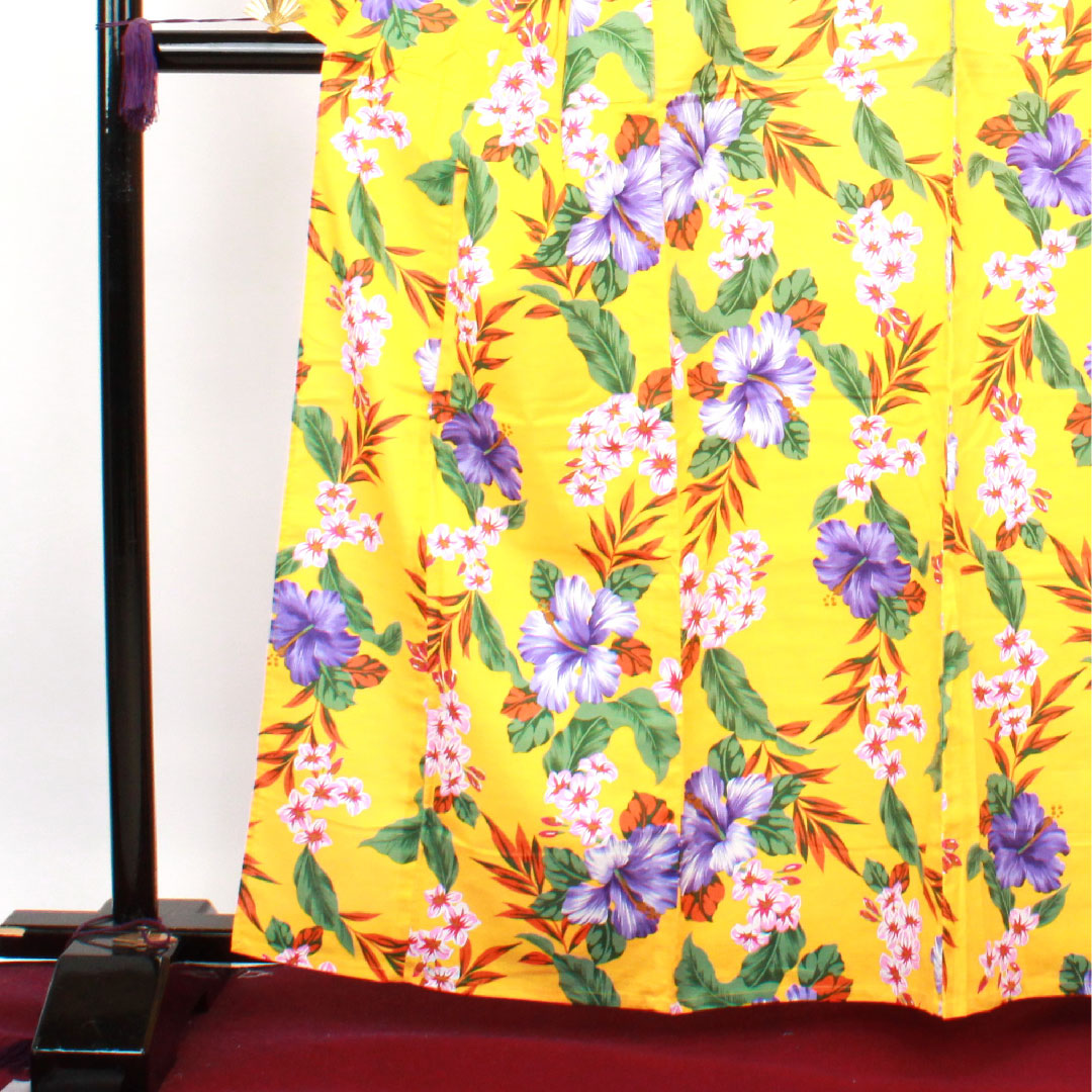 浴衣 山吹色 ハイビスカス 木綿 Sランク 単衣 身丈165cm 裄丈67.5cm 黄系 1118003262523