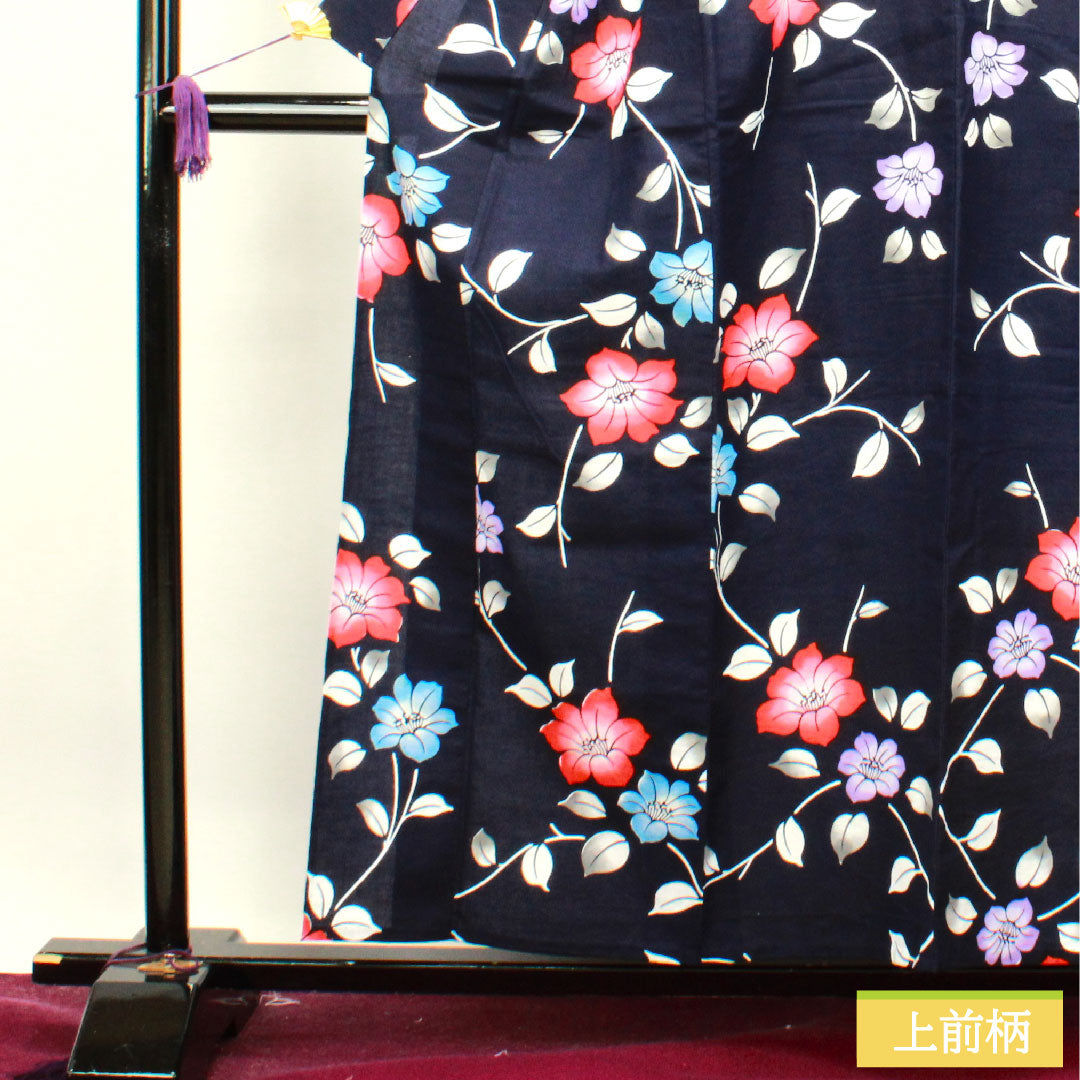浴衣 木綿 身丈157cm 裄丈62.5cm Aランク 単衣 紺系 濃紺色(のうこんいろ) 椿 1118004593318