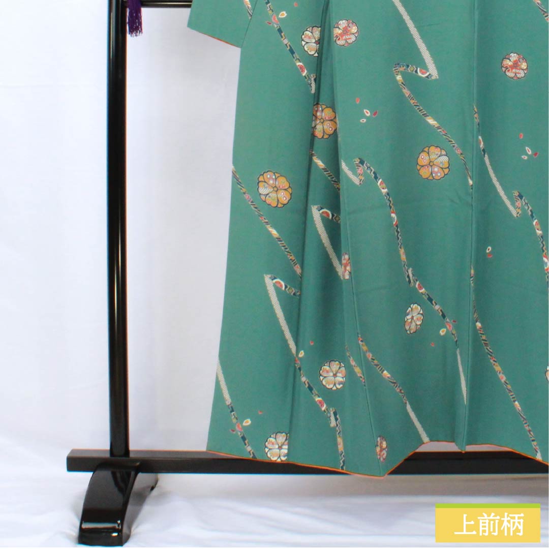 小紋 正絹 身丈152.5cm 裄丈64.5cm 袷 山藍摺色(やまあいずりいろ) 型染 熨斗 花柄 スコッチガード Bランク 緑系 1115005484219