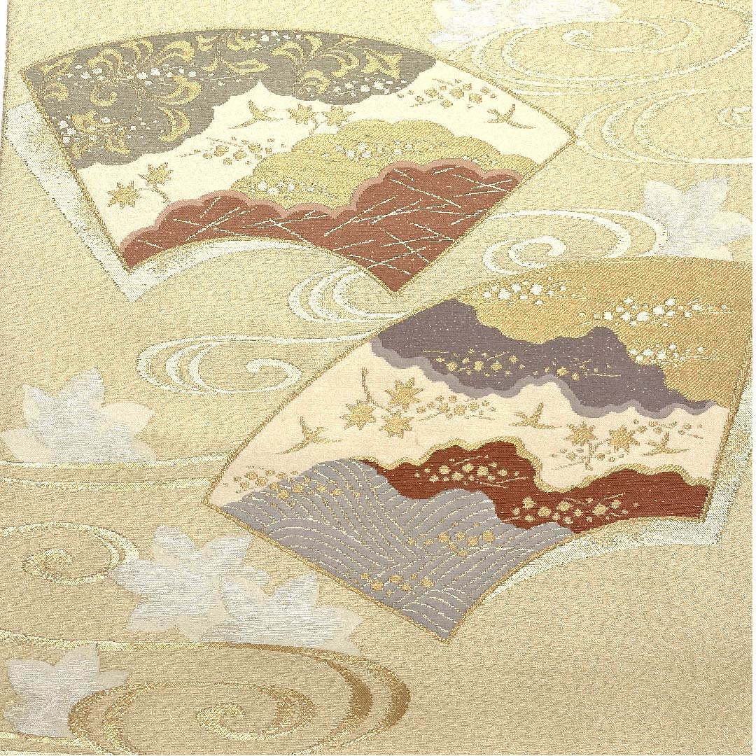 Fukuro obi (torinoko color) Kanze Ryusui (water flowing stream), fan surface, auspicious motif, obi length 436cm, pure silk, A rank, point pattern, formal, cream color, 1123007923315