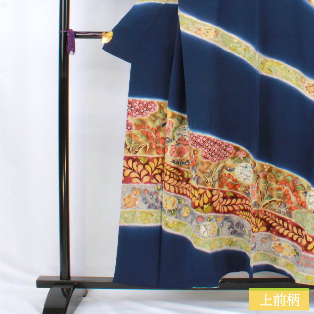 訪問着 正絹 Sランク 袷 身丈155cm 裄丈63cm 紺色(こんいろ) ちりめん地 辻ヶ花 紺系 1112006292318