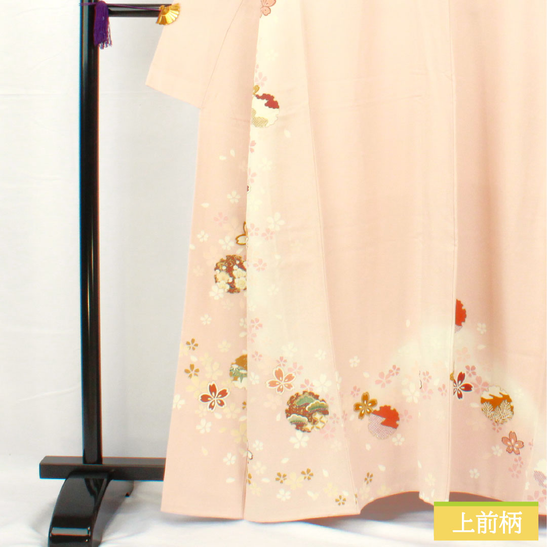 Homongi, pure silk, lined, length 162.5cm, sleeve length 67.5cm, modern colors, Kyo-Yuzen, snowflake, cherry blossom, A rank, pink, 1112005013413