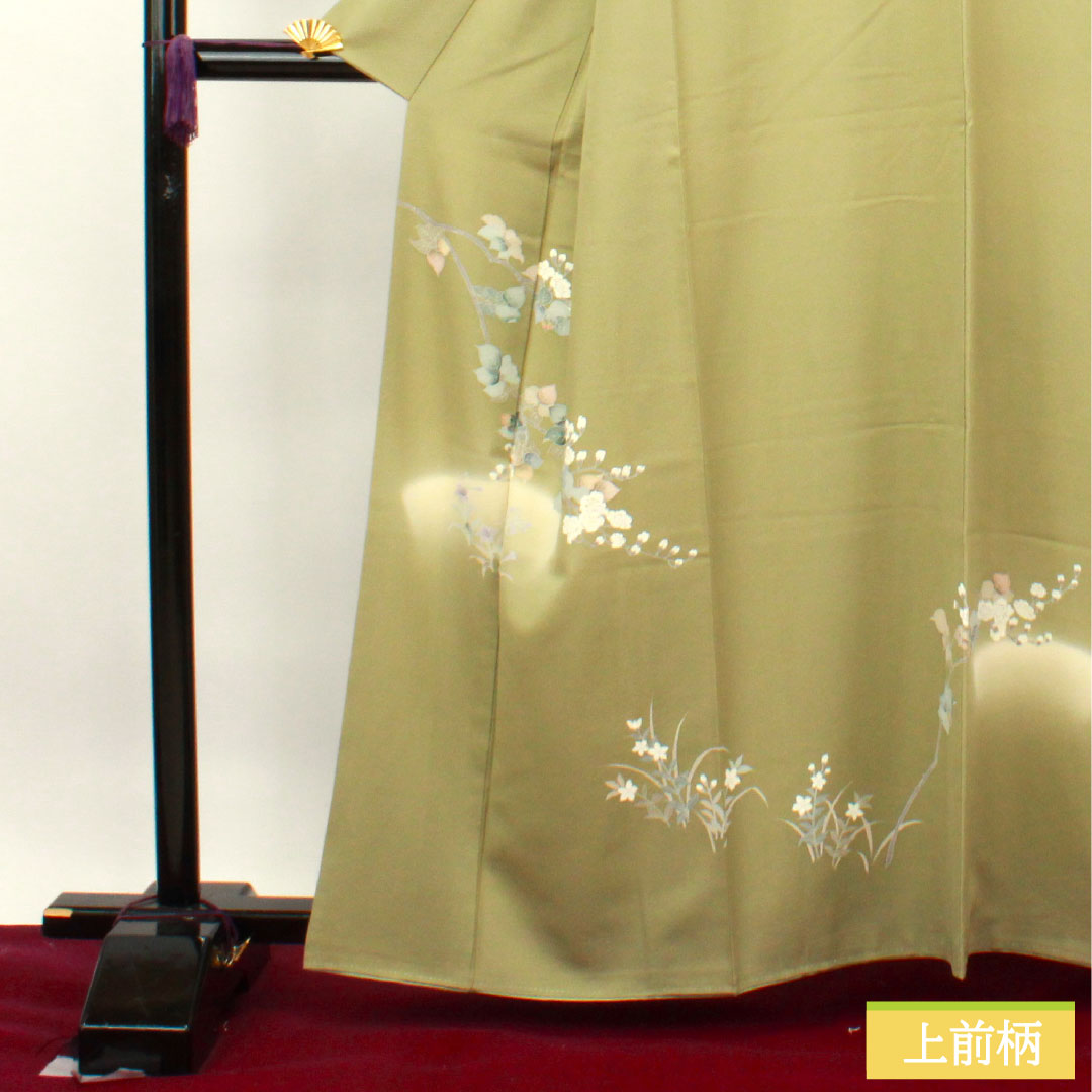 訪問着 正絹 袷 身丈160.5cm 裄丈66cm 利休色 京友禅 草花模様 剣片喰 Sランク 緑系 1112003492419