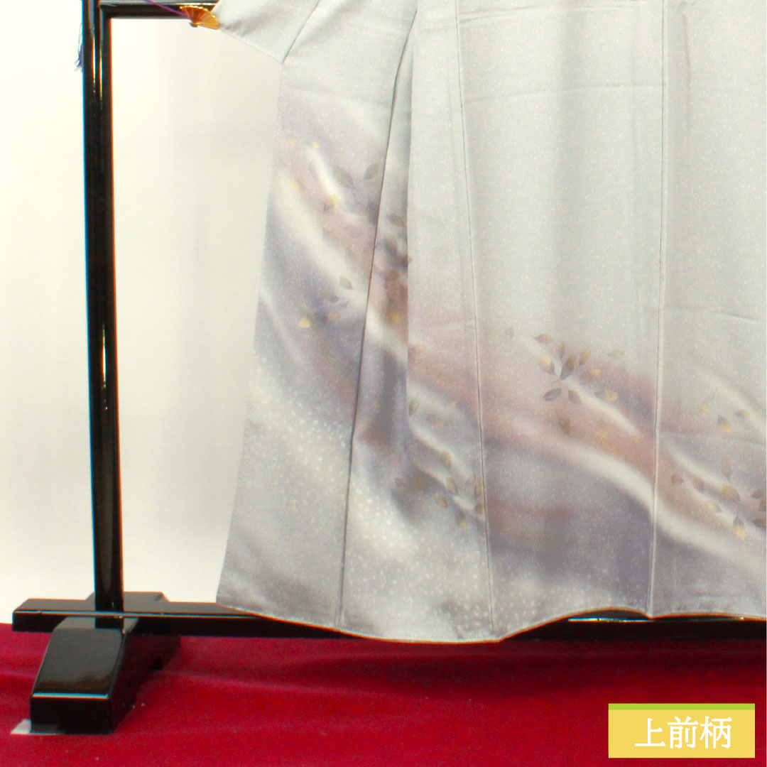 訪問着 正絹 袷 身丈156.5cm 裄丈63cm 白銅色 タタキ染 葉っぱ模様 しつけ糸付き 未使用品 Sランク グレー系 1112003612322