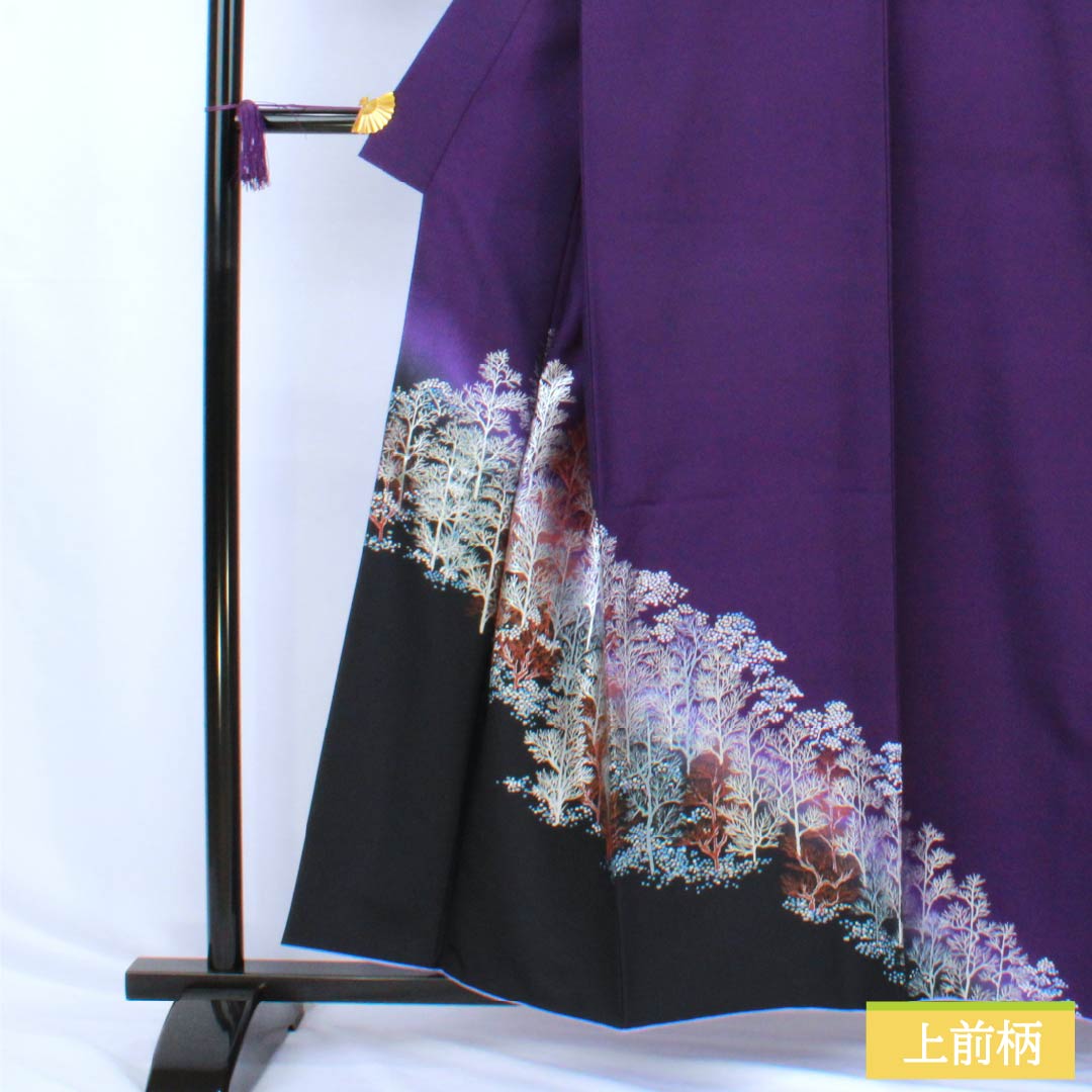 訪問着 ポリエステル Aランク 胴抜き 身丈157.5cm 裄丈65.5cm 菫色(すみれいろ) 金彩加工 風景模様 紫系 1112006393320