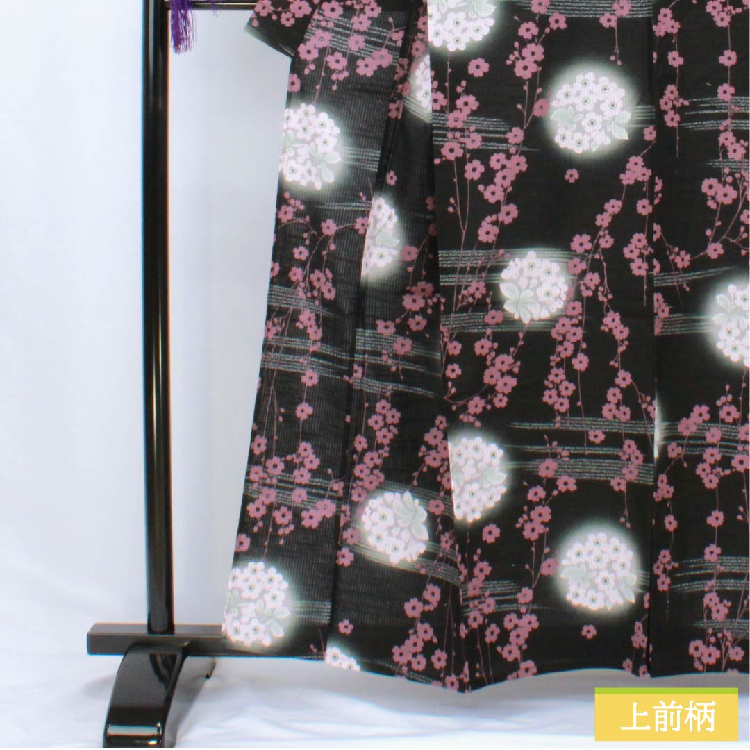 浴衣 木綿 身丈159cm 裄丈66cm Sランク 単衣 黒系 花 竪絽 1118006462310