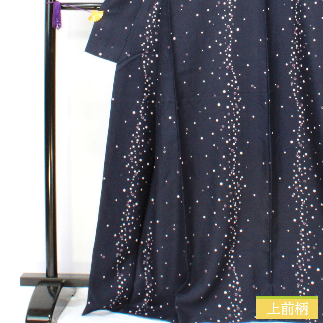 小紋 ポリエステル 身丈167cm 裄丈68cm 袷 濃紺色(のうこんいろ) 洗える着物 水玉 Sランク 紺系 1115004812518