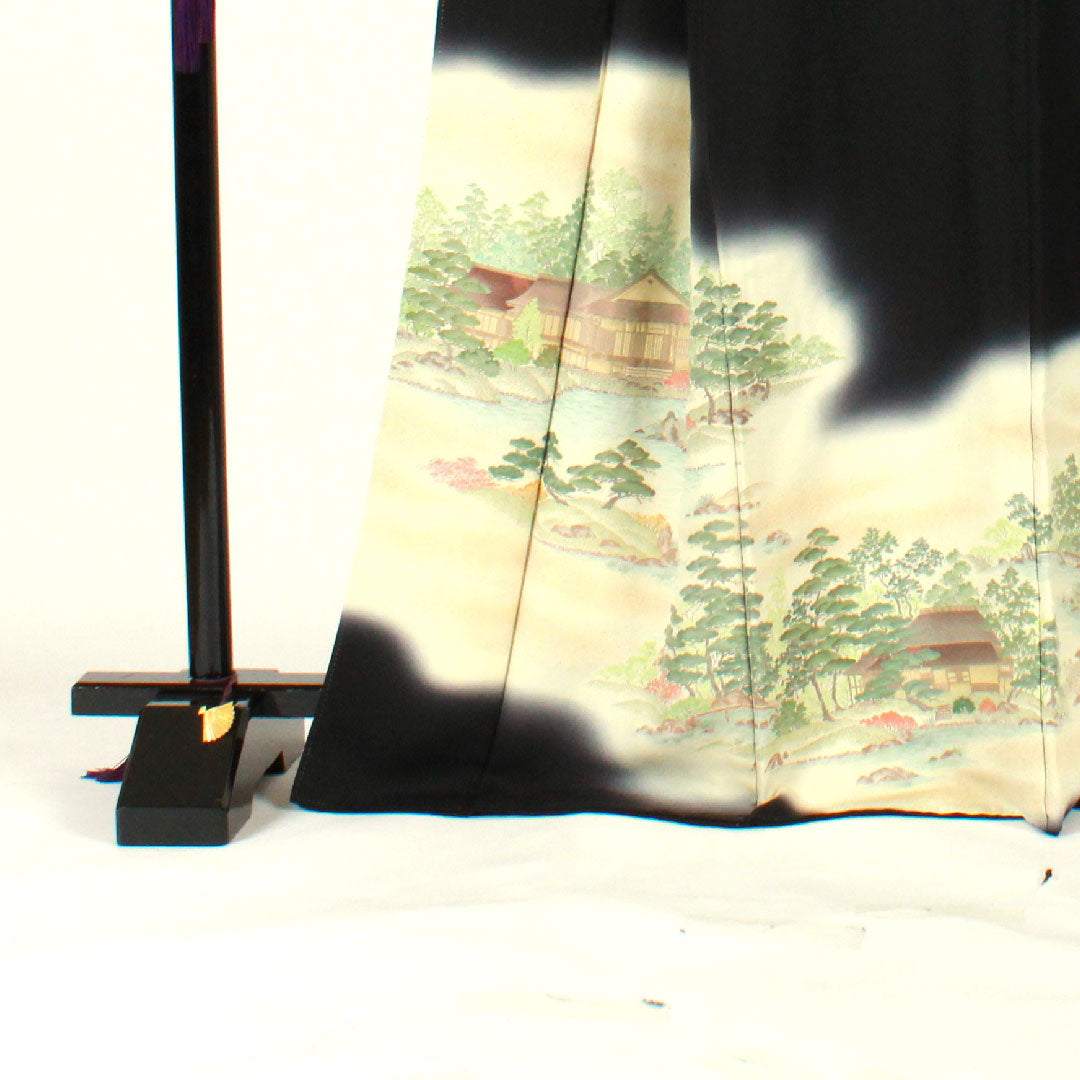 黒留袖 身丈170.5cm 裄丈67cm 袷 寿光織 風景模様 並び切り竹 正絹 Aランク 五つ紋 黒系 1111000303610