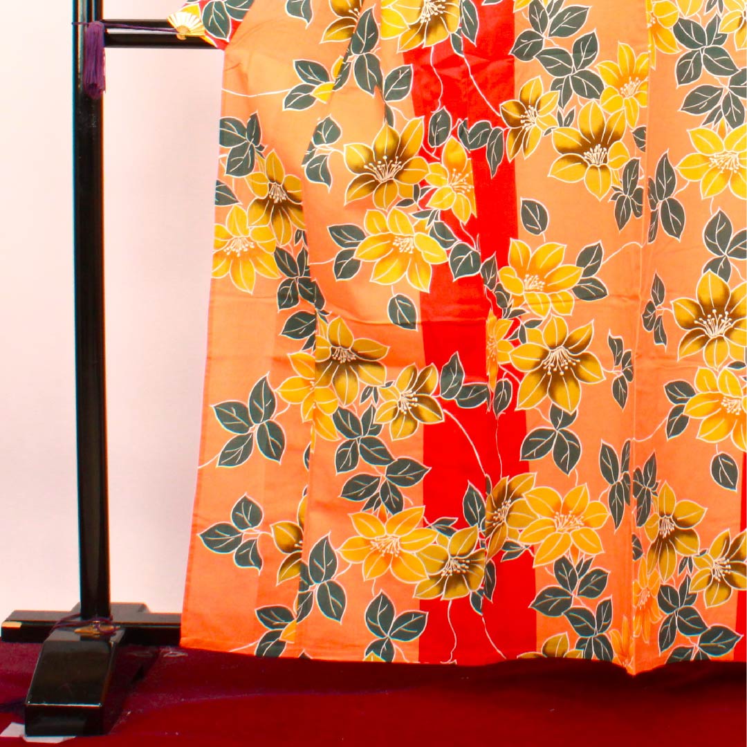 浴衣 黄丹色 ツツジ 木綿 Aランク 単衣 身丈162cm 裄丈66.5cm 朱系 1118004223416