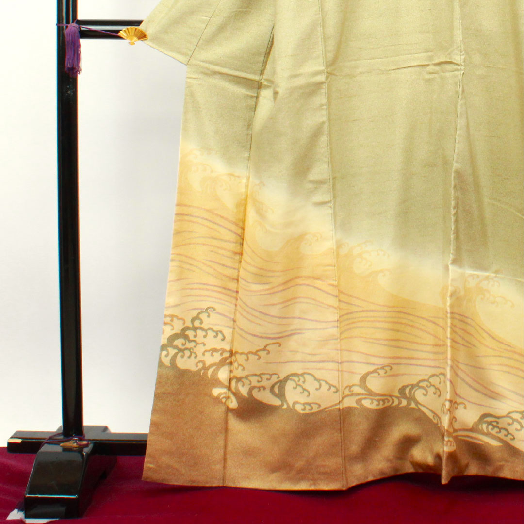 Homongi, pure silk, lined, length 164.5cm, sleeve length 65cm, wax color, pongee fabric, wave, A rank, beige, 1112003003425