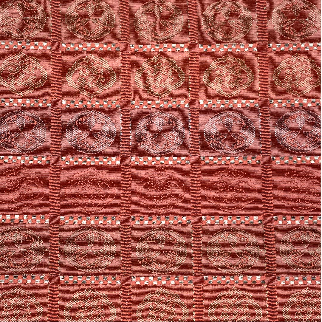(未仕立)半幅帯 緋銅色色(ひどうしょくいろ) 市松 丸紋 帯丈330cm 木綿 朱系 Sランク 1125000382916