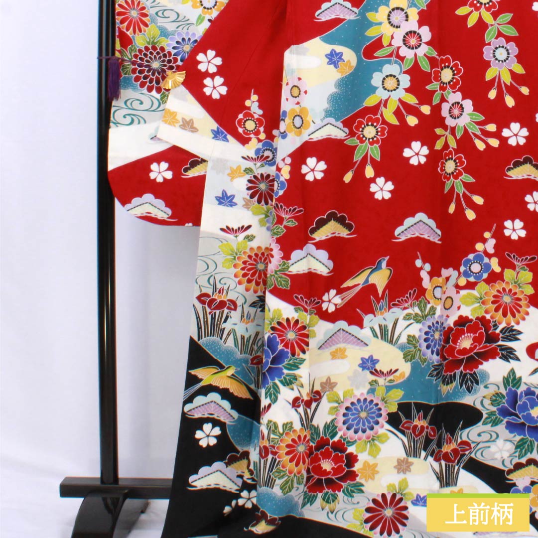 振袖 正絹 Sランク 身丈166.5cm 裄丈65.5cm 袷 真紅色(しんくいろ) 吉祥文様 牡丹 菊 梅 桜 赤系 1113002212512