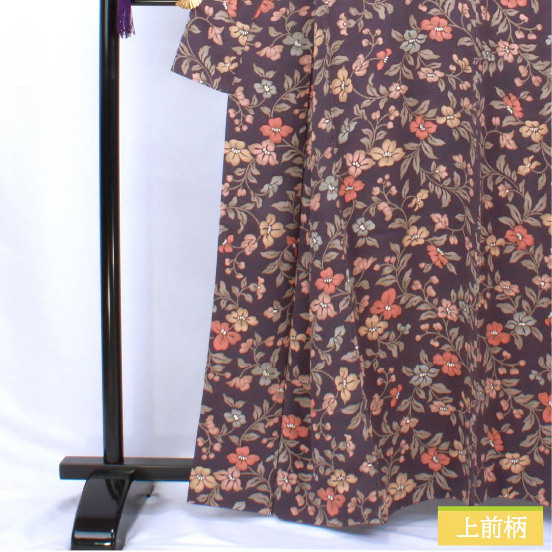 小紋 正絹 身丈162cm 裄丈64cm 袷 深紫色(ふかきむらさきいろ) 紗綾形 草花模様 Sランク 紫系 1115005972420