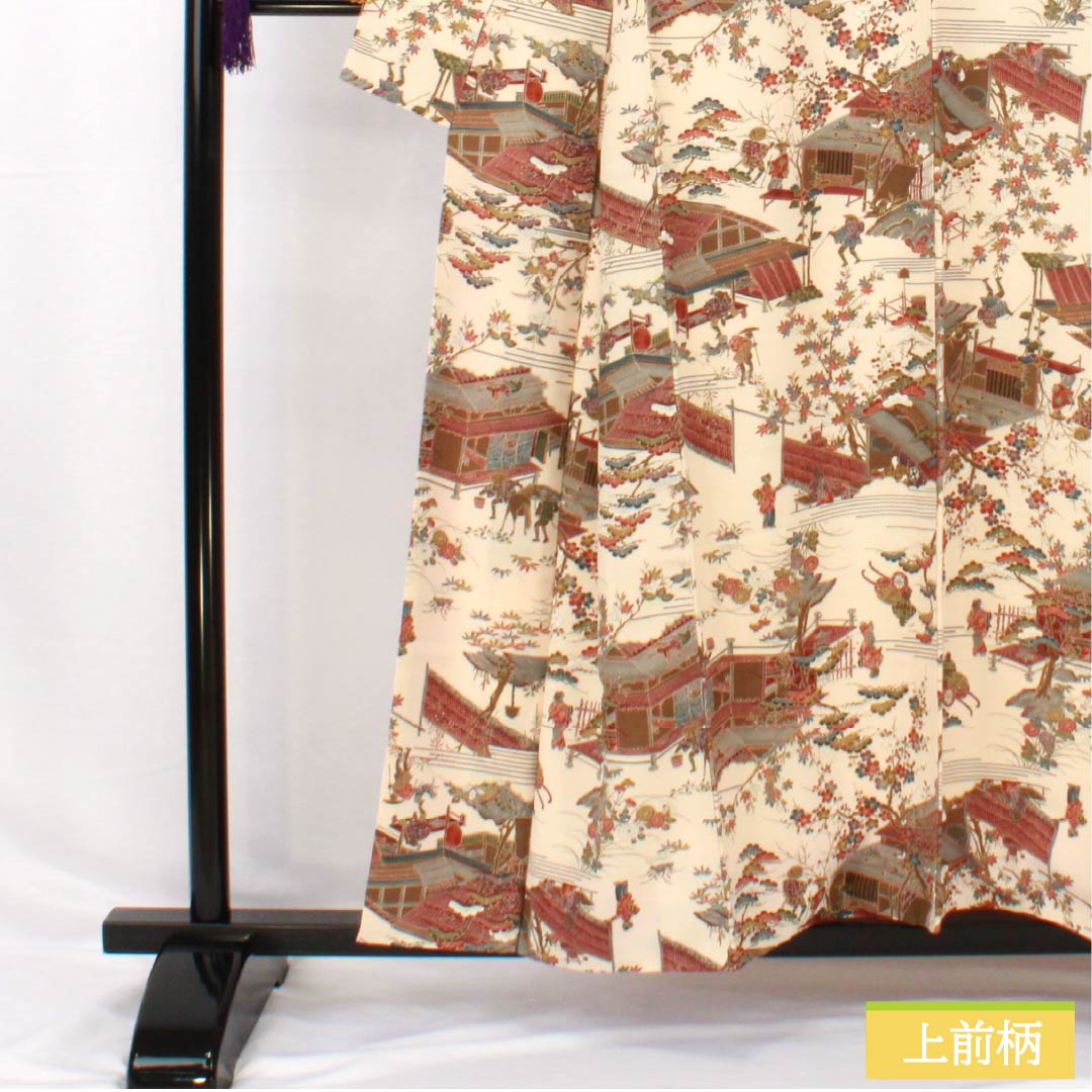 小紋 正絹 身丈156.5cm 裄丈62cm 袷 砥粉色(とのこいろ) 型染 時代絵巻 Bランク クリーム系 1115005054315