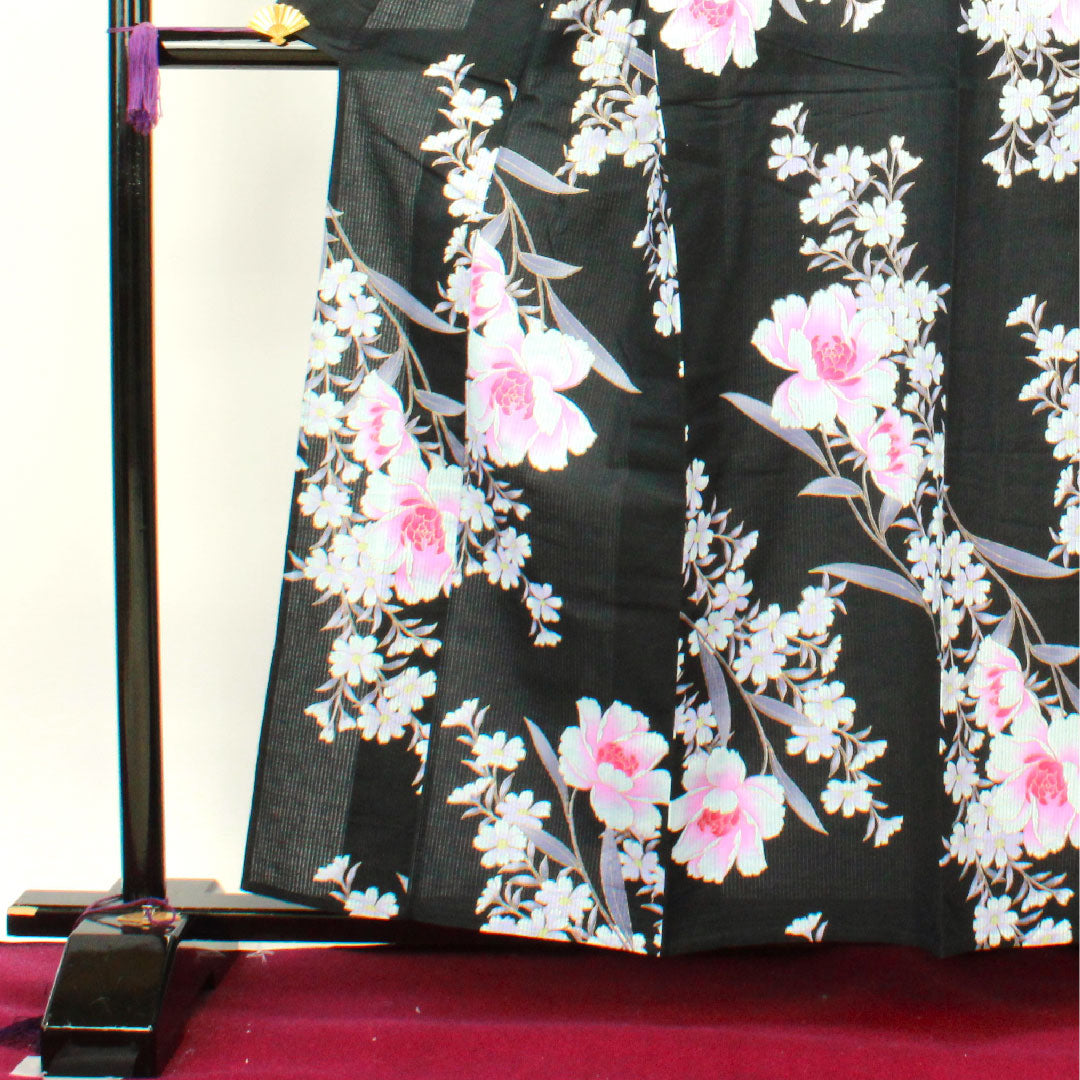 浴衣 牡丹 木綿 Sランク 単衣 身丈158cm 裄丈67.5cm 黒系 1118002112310