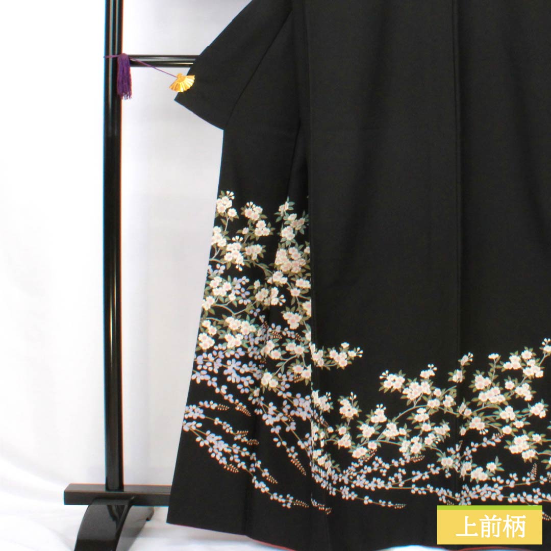 訪問着 ポリエステル Aランク 袷 身丈165.5cm 裄丈66cm 草木 洗える着物 黒系 1112006483510