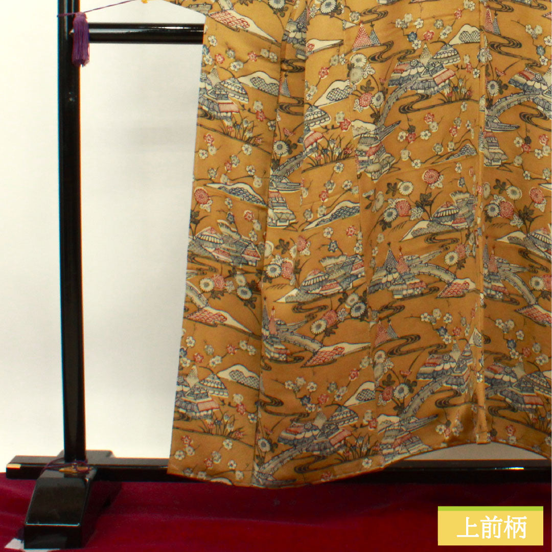 小紋 正絹 身丈154.5cm 裄丈67cm 袷 猟虎色 京紅型 茶屋辻 しつけ糸付き Sランク 茶系 1115003702214