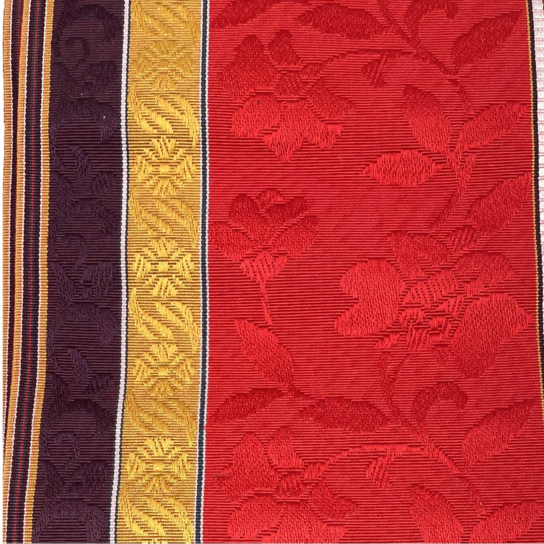 (未仕立)半幅帯 正絹 帯丈360cm 赤色(あかいろ) 花唐草 縞 博多特選 博多織 赤系 Sランク 1125001372312