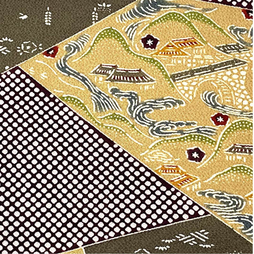 名古屋帯 山吹鼠色 京紅型 栗山工房 吉祥文様 帯丈366cm 正絹 Sランク ポイント柄 カジュアル 茶系 1124005202314 名古屋仕立て