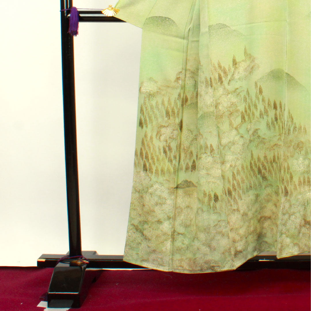 訪問着 袷 身丈156cm 裄丈61.5cm 裏葉色 タタキ染 風景模様 正絹 Aランク 緑系 1112002303319