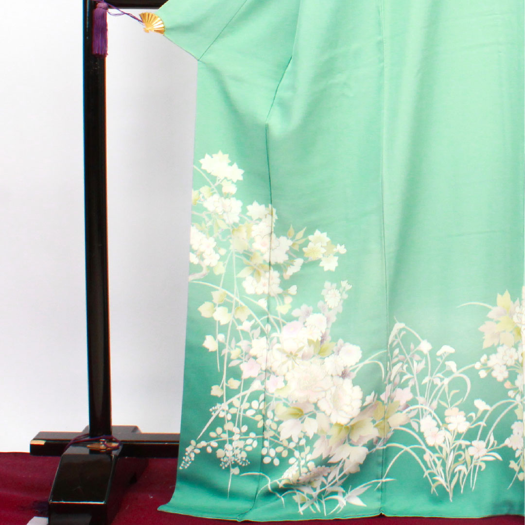 訪問着 袷 身丈173cm 裄丈68cm 秘色色 京友禅 草花模様 正絹 Sランク 緑系 1112002722619