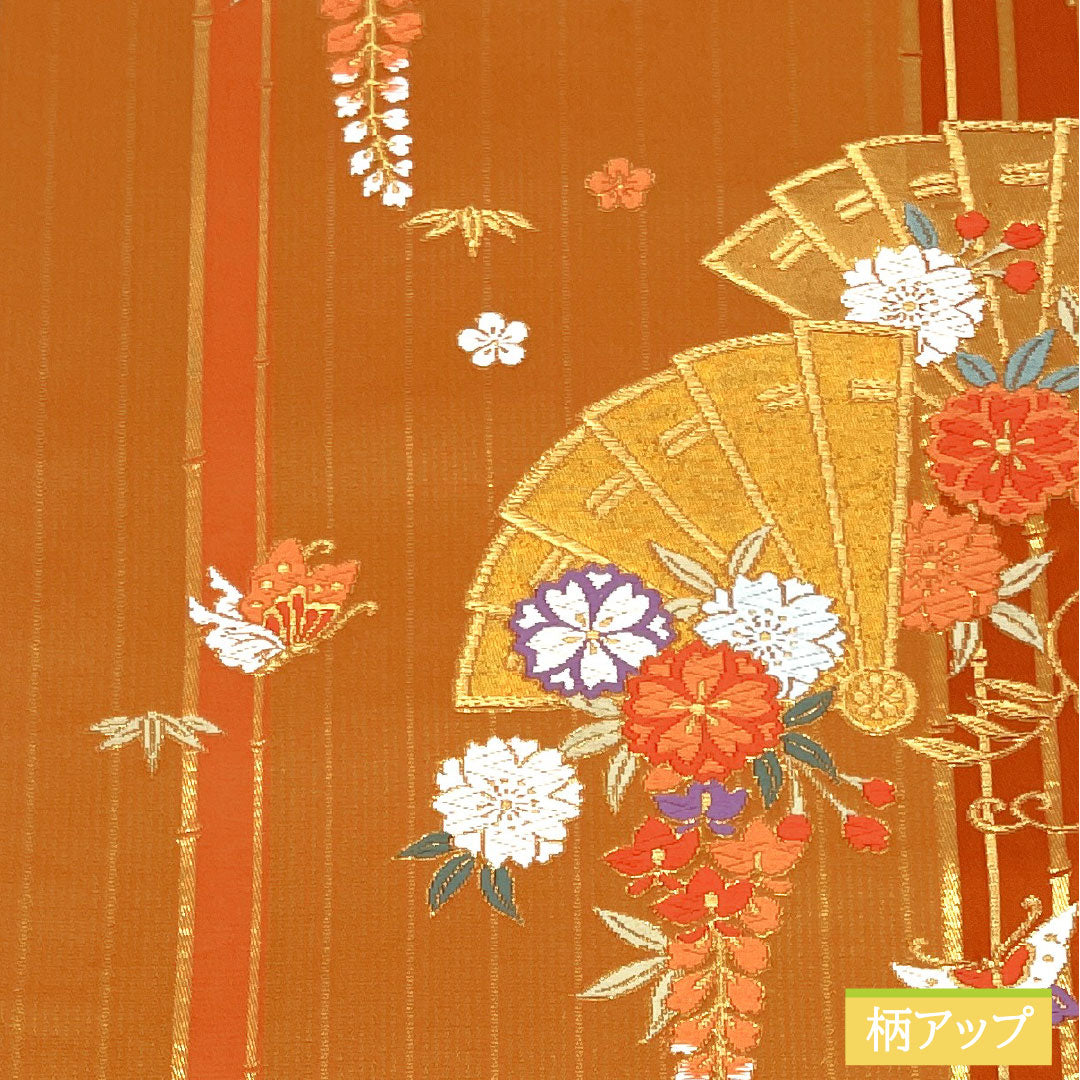 袋帯 正絹 Sランク 丹色(にいろ) 西陣織 扇面 藤 菊 帯丈416cm 六通 セミフォーマル 朱系 1123017192316