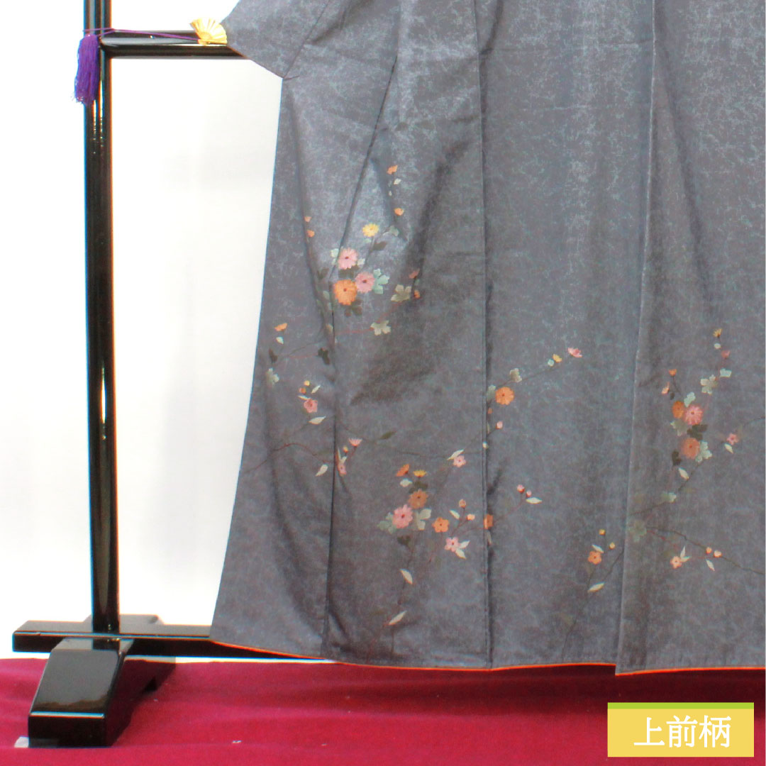 訪問着 正絹 袷 身丈161cm 裄丈63cm 灰青色 大島紬 草花模様 作家物 Aランク グレー系 1112004013422