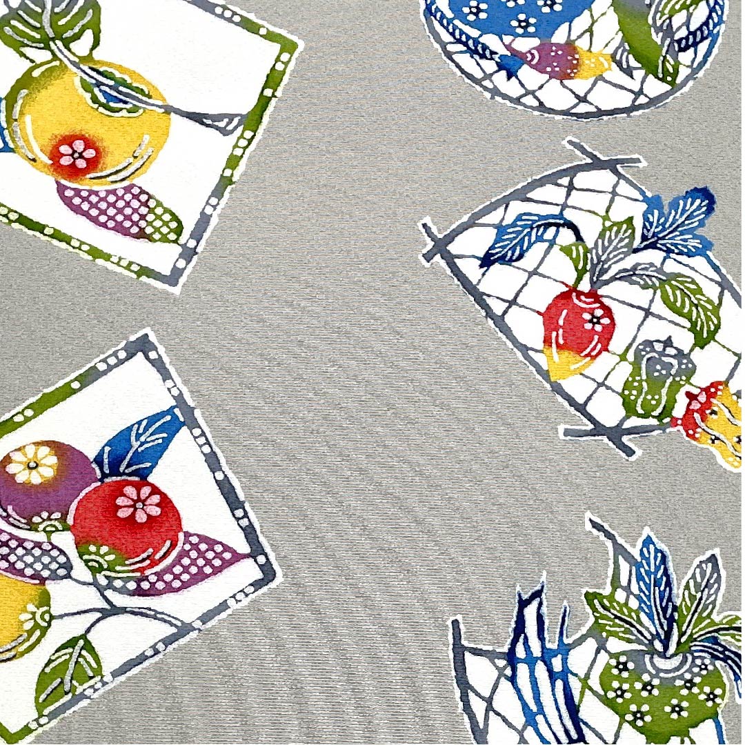 名古屋帯 絹鼠色 野菜 京紅型 帯丈372cm 正絹 Sランク 全通 カジュアル グレー系 1124005392322 開き仕立て