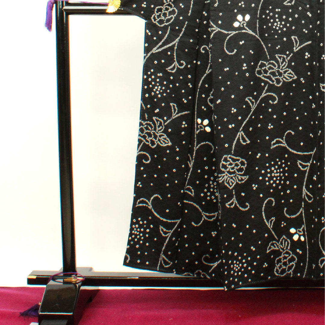 小紋 身丈153cm 裄丈63.5cm 袷 絞り 幾何学模様 正絹 Sランク 黒系 1115002732210