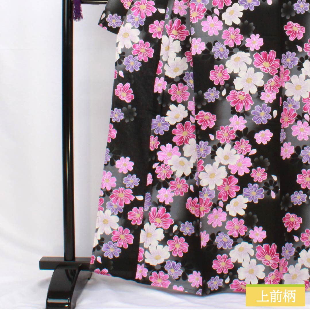 浴衣 木綿 身丈165cm 裄丈67cm Aランク 単衣 黒系 秋桜 1118006183510