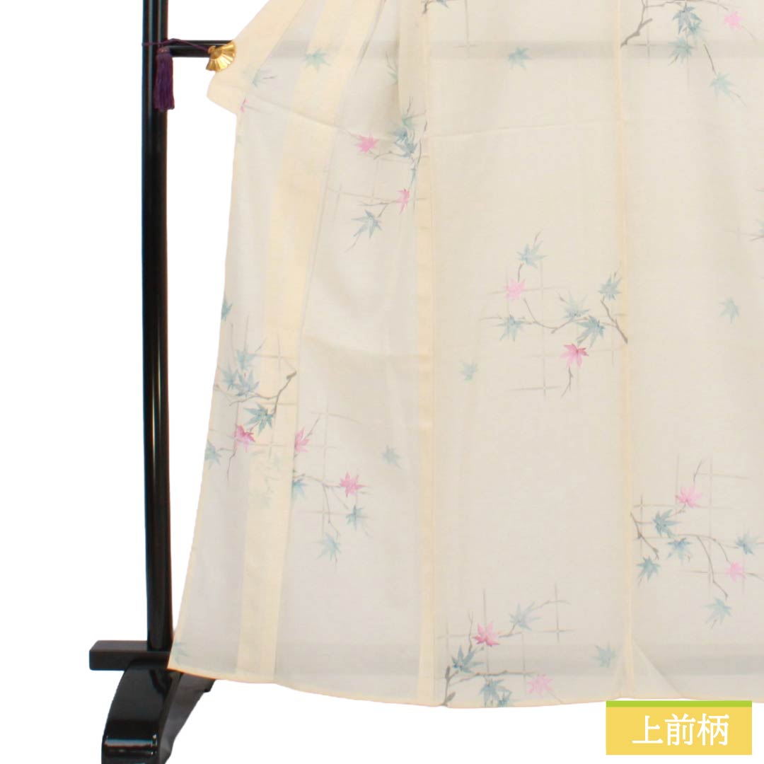夏物 正絹 小紋 Sランク 身丈163.5cm 裄丈63.5cm 練色(ねりいろ) 紅葉 竹垣 絽 クリーム系 1132004722415