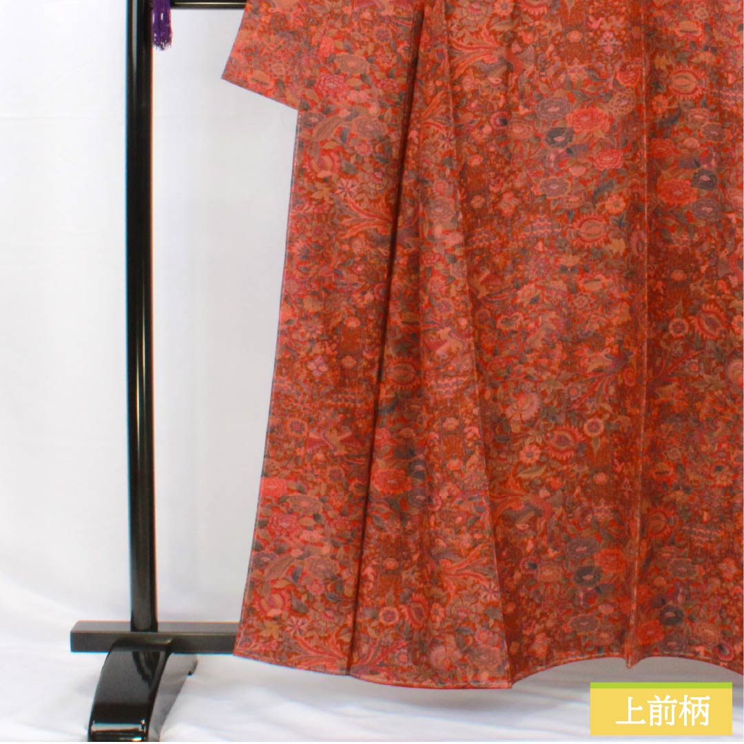 小紋 正絹 身丈159.5cm 裄丈64cm 袷 猩々茶色(しょうじょうちゃいろ) 型染 更紗模様 しつけ糸付き Sランク 茶系 1115005012314