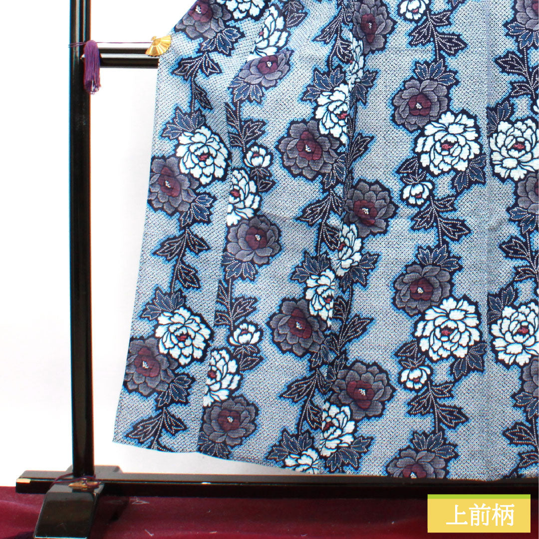 浴衣 木綿 身丈156cm 裄丈65.5cm Sランク 単衣 紺系 濃紺色(のうこんいろ) リップル 牡丹 1118004642318