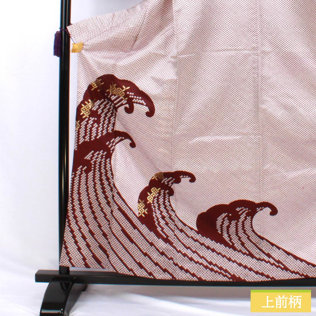 訪問着 ポリエステル Aランク 単衣 身丈162cm 裄丈66.5cm 木蘭色(もくらんじき) 波 七宝 半衿付き 洗える着物 赤系 1112006963412