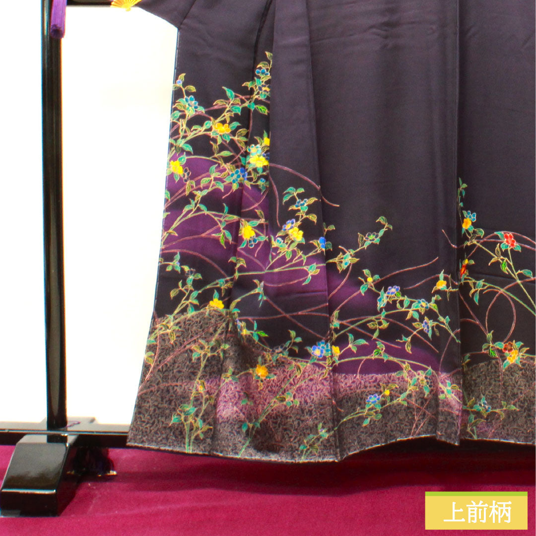 Homongi, pure silk, lined, length 158.5cm, sleeve length 65.5cm, brown, floral pattern, basting thread included, unused, S rank, purple, 1112003552320