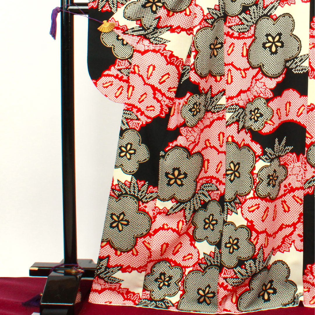 振袖 身丈170.5cm 裄丈67cm 袷 モノトーン 洗える着物 松竹梅 ポリ Sランク 黒系 1113001322610