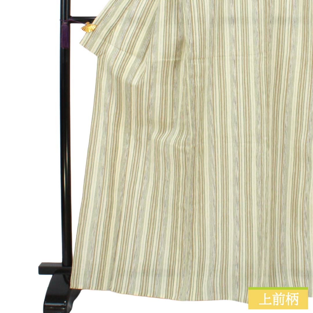 夏物 綿麻 紬 Sランク 身丈168.5cm 裄丈67.5cm 乳白色(にゅうはくしょく) 縞 縮 紗 クリーム系 1132004802515