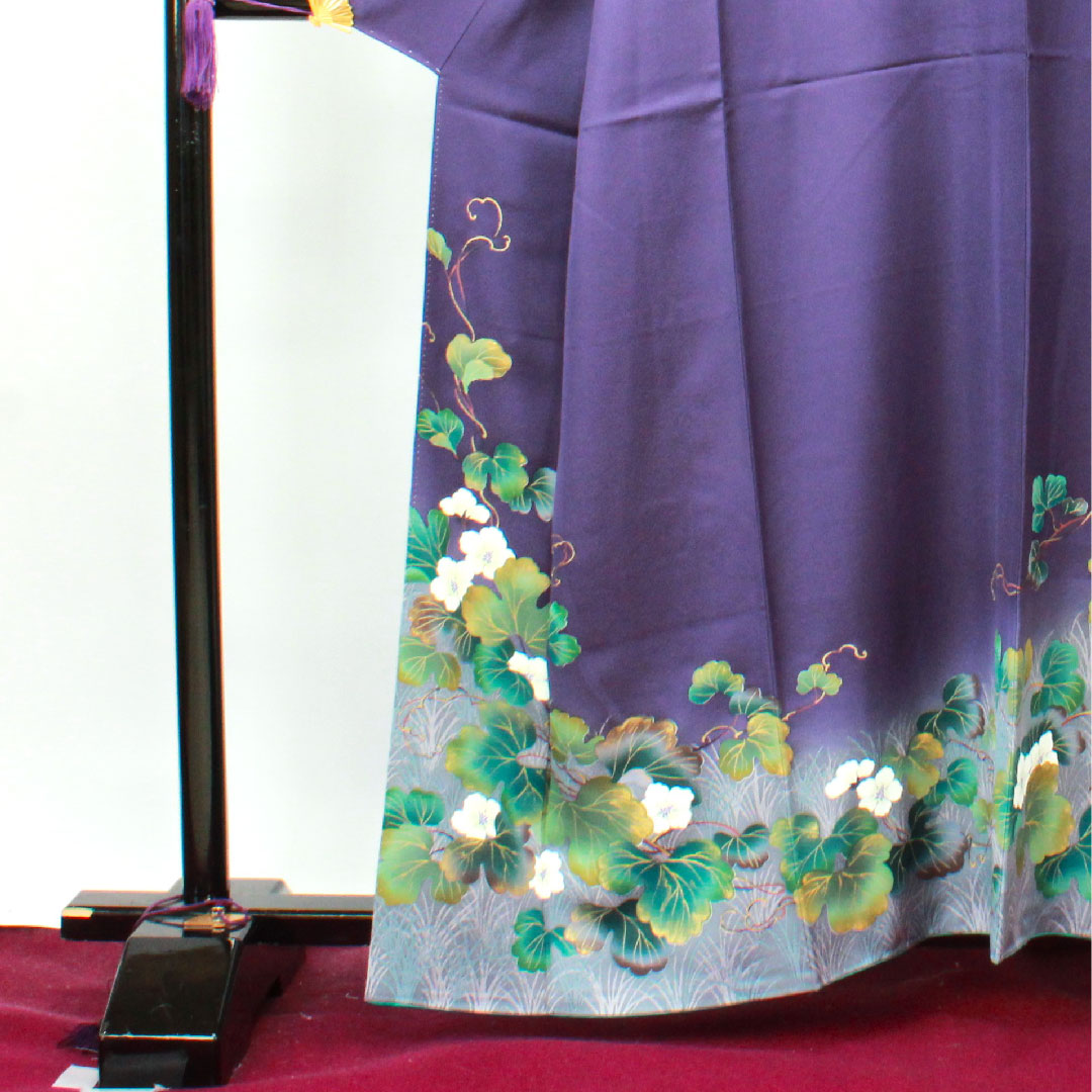 訪問着 正絹 袷 身丈159.5cm 裄丈67cm 緋紺色 中村乃武夫 草花模様 作家物 桔梗に三つ鱗 Sランク 紫系 1112002782320