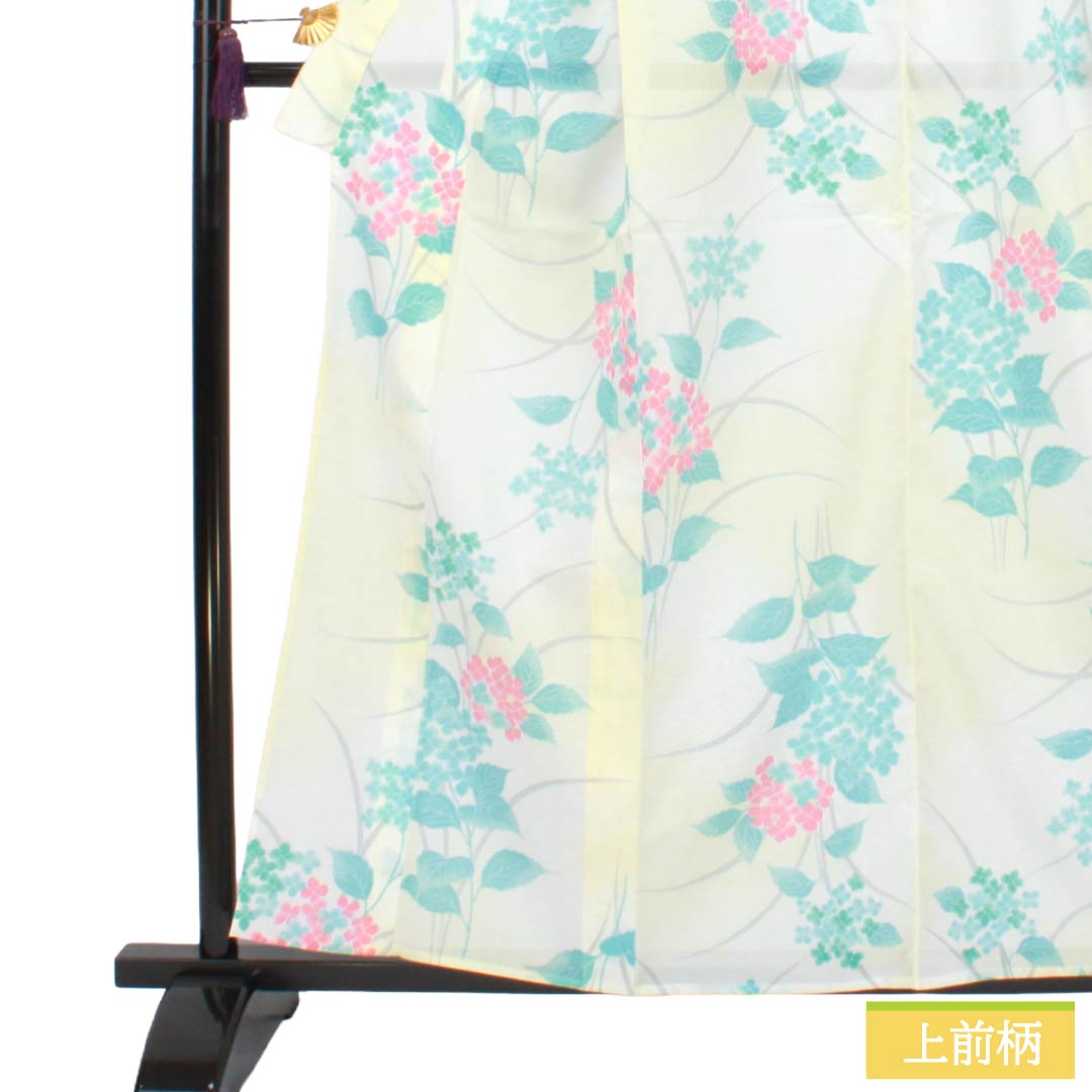 夏物 ポリエステル 小紋 Aランク 身丈159.5cm 裄丈63cm タタキ染 型染 紫陽花 洗える着物 絽 黄系 1132004943323
