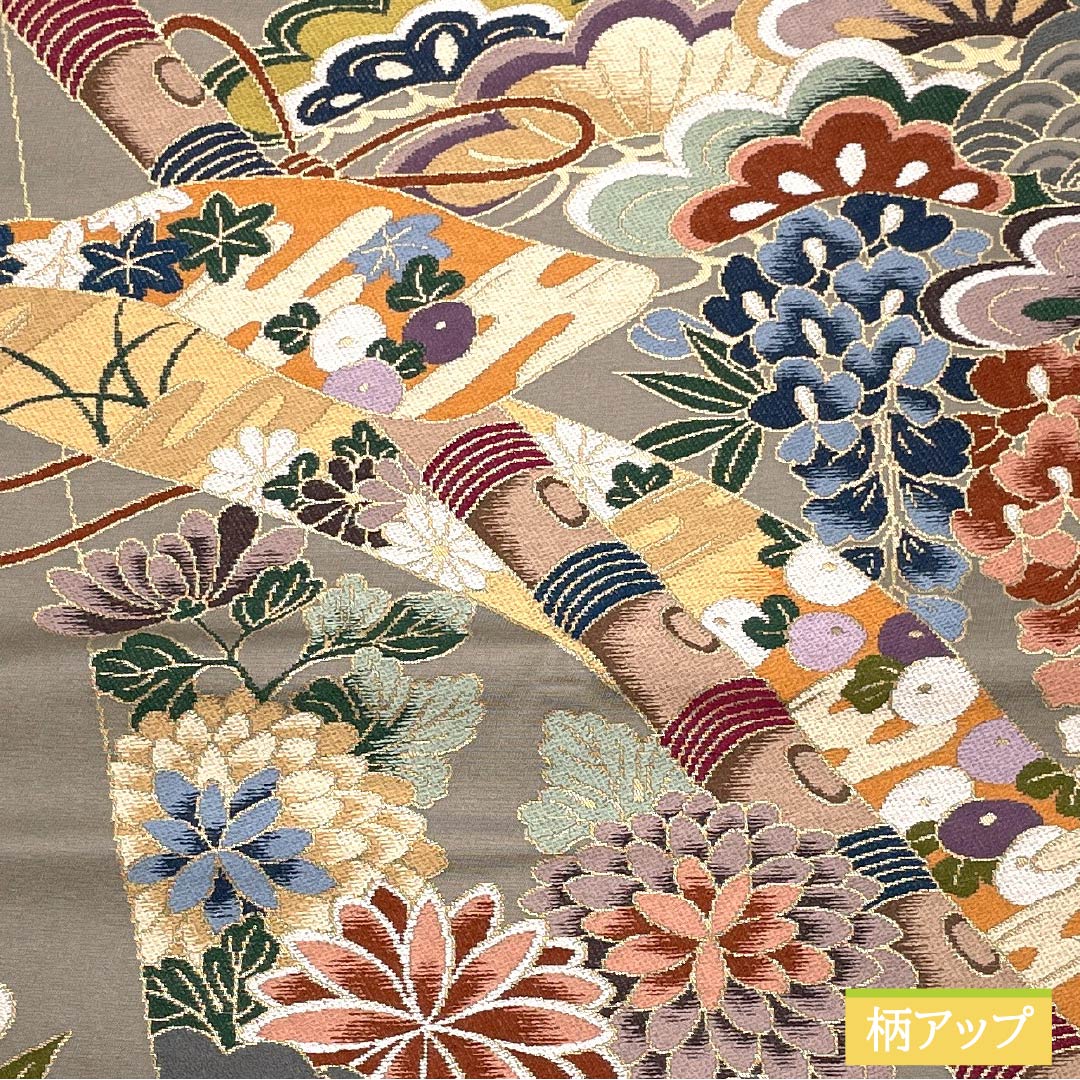 袋帯 正絹 消炭鼠色(けしずみねずみいろ) 白綾苑大庭 笛 振袖用 七宝 帯丈436cm Sランク 六通 フォーマル グレー系 1123014372322