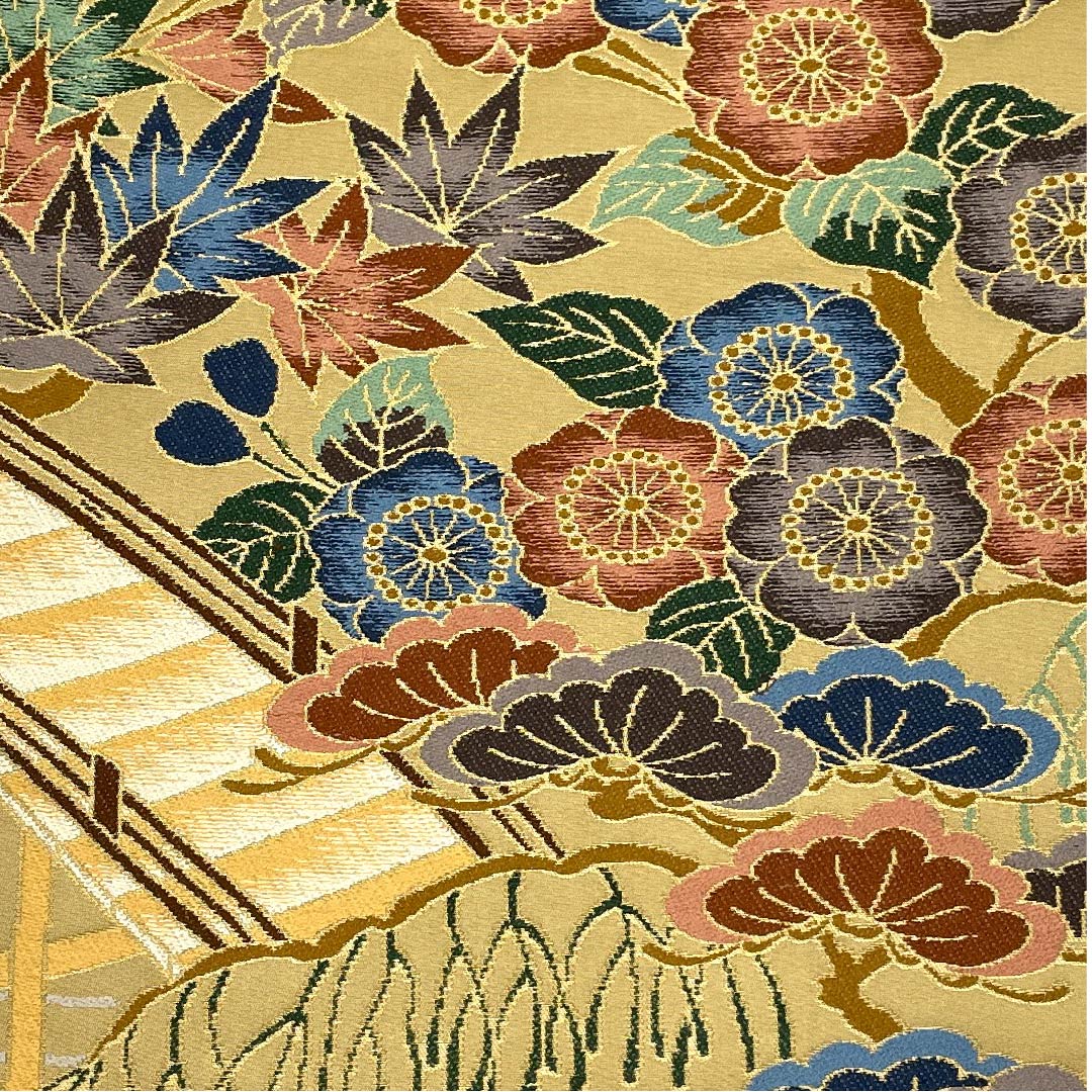 Fukuro obi (kiotsuiro) with cherry blossoms, autumn leaves, and pine trees, Shiraayaen Oba, obi length 436cm, pure silk, S rank, six-pass, formal, beige, 1123009022325