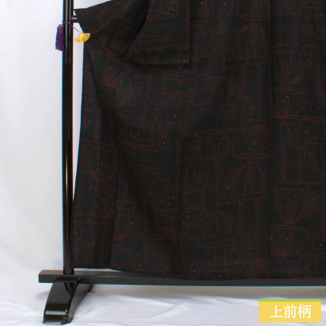 紬 正絹 Aランク 身丈161cm 裄丈63.5cm 縮 花 単衣 黒系 1116004403410
